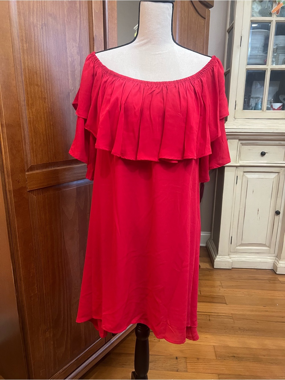 Fashion Nova Red Off-Shoulder Ruffle Midi Dress